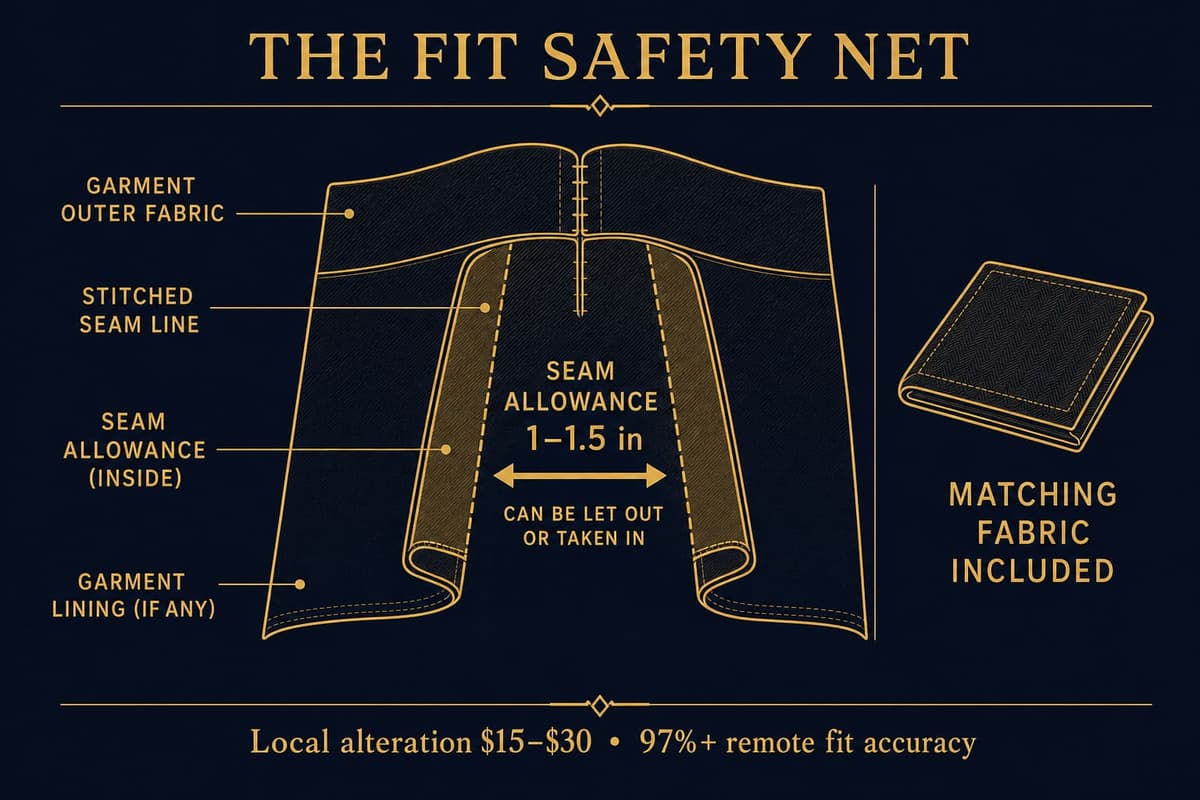 Diagram showing built-in seam allowances inside a garment and an included matching fabric remnant that let a local tailor adjust the fit