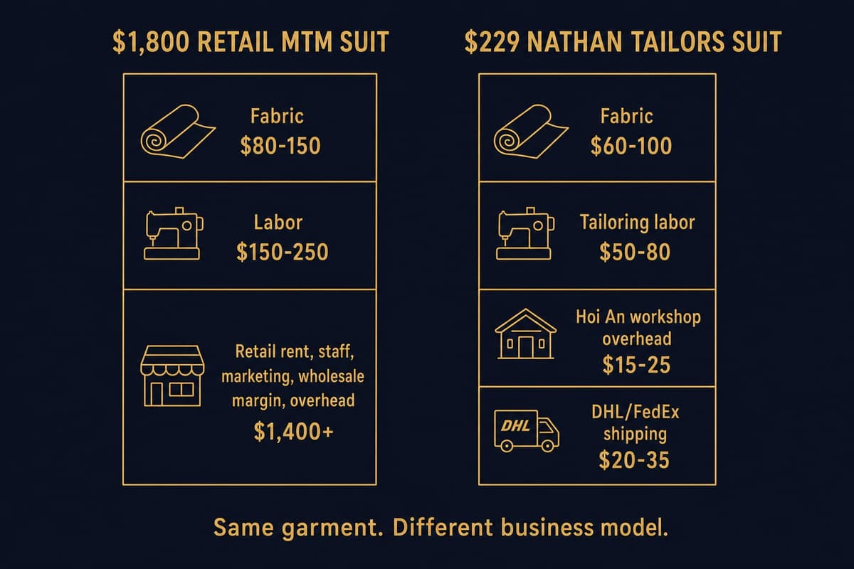 Side-by-side cost breakdown comparing a 1800 dollar SuitSupply made-to-measure suit against a 249 dollar Nathan Tailors suit, showing where each dollar goes