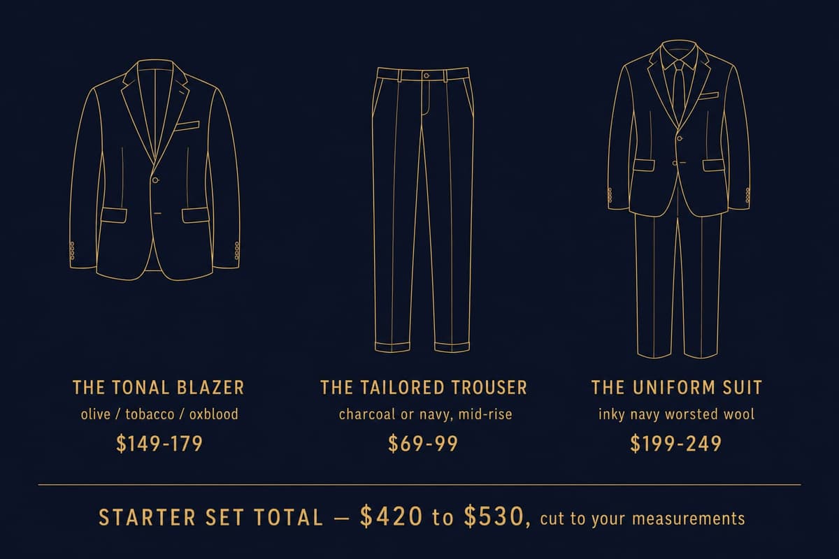 Infographic showing the three-piece Season 3 starter wardrobe with prices: tonal blazer 149 to 179 dollars, tailored trouser 79 to 109 dollars, uniform navy suit 219 to 249 dollars, totaling roughly 450 to 540 dollars