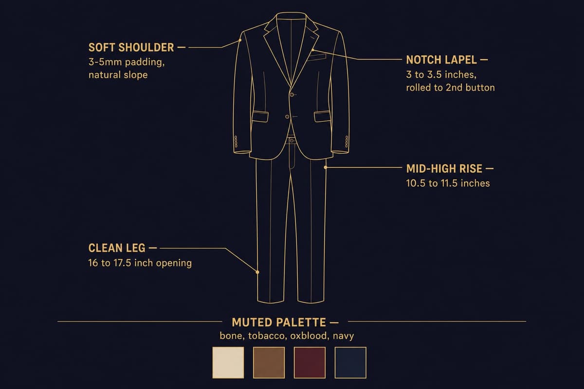Infographic labeling the five repeating construction elements of the Season 3 silhouette: soft shoulder, mid-to-high rise trouser, 3 to 3.5 inch notch lapel, tonal palette, individualized execution