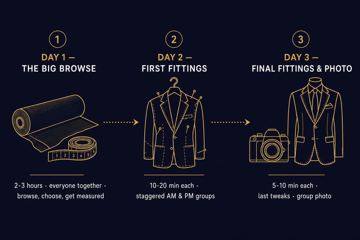 Three-day timeline infographic showing browse and measure on Day 1, staggered first fittings on Day 2, and final fittings plus group photo on Day 3