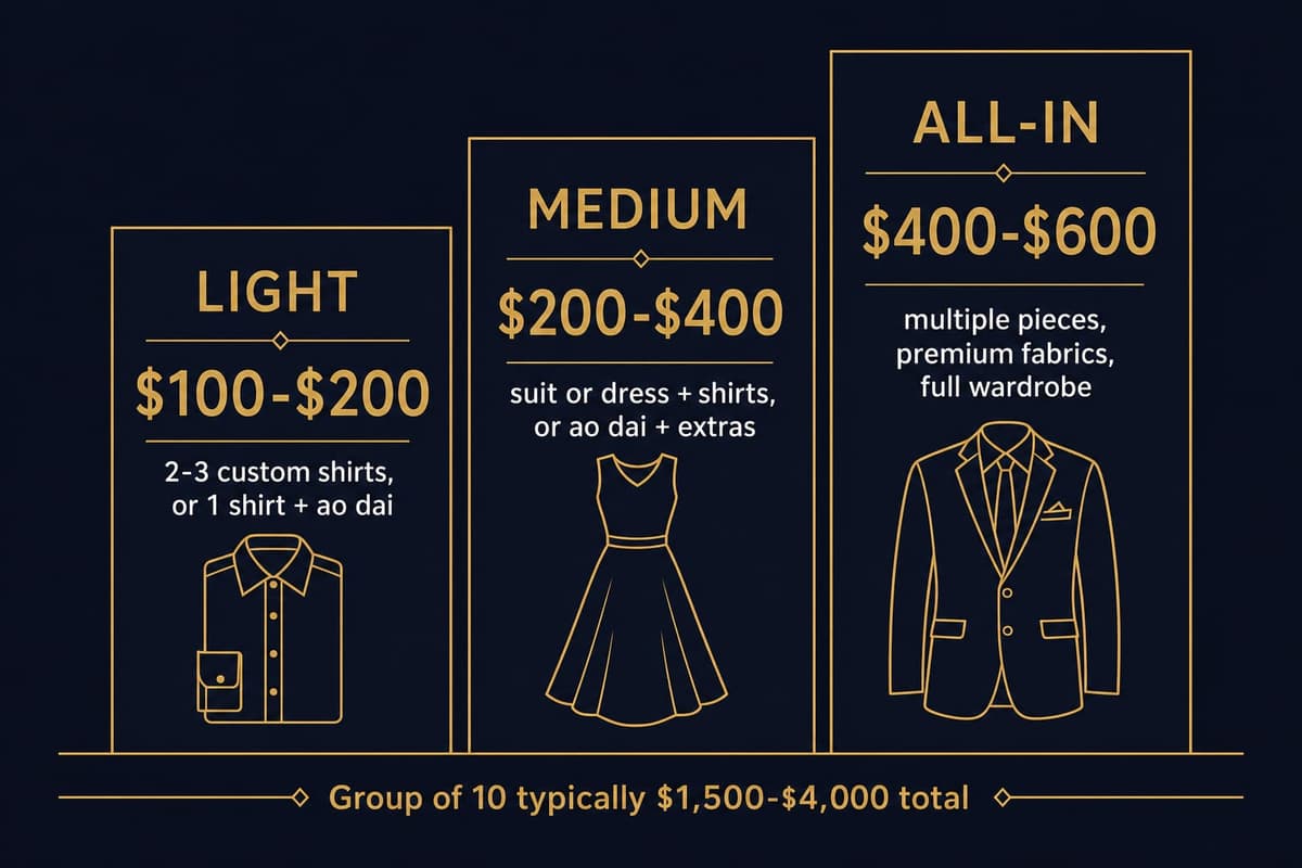 Infographic comparing three per-person budget tiers for group tailoring: Light $100-200, Medium $200-400, and All-In $400-600