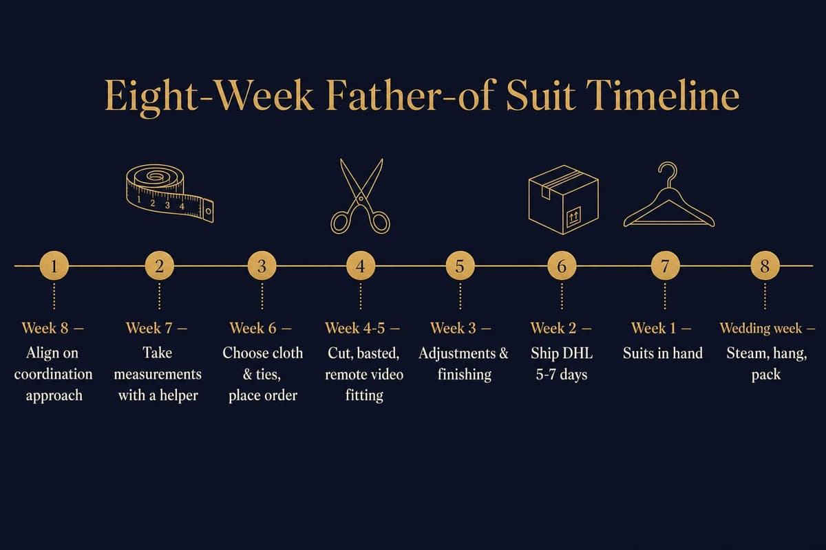 Eight-week timeline infographic for ordering two fathers' wedding suits remotely, from aligning on coordination to final steaming