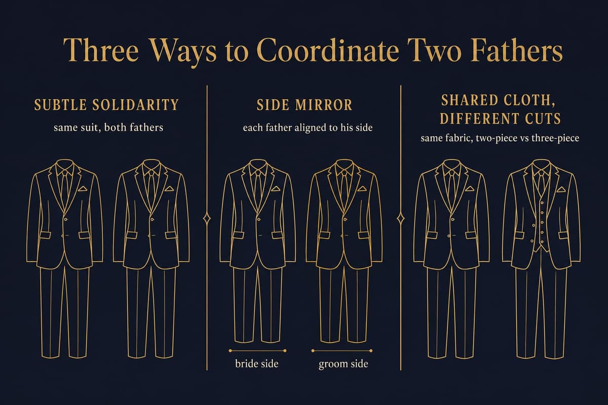 Infographic comparing three coordination approaches for two fathers' wedding suits: subtle solidarity, side mirror, and shared cloth different cuts