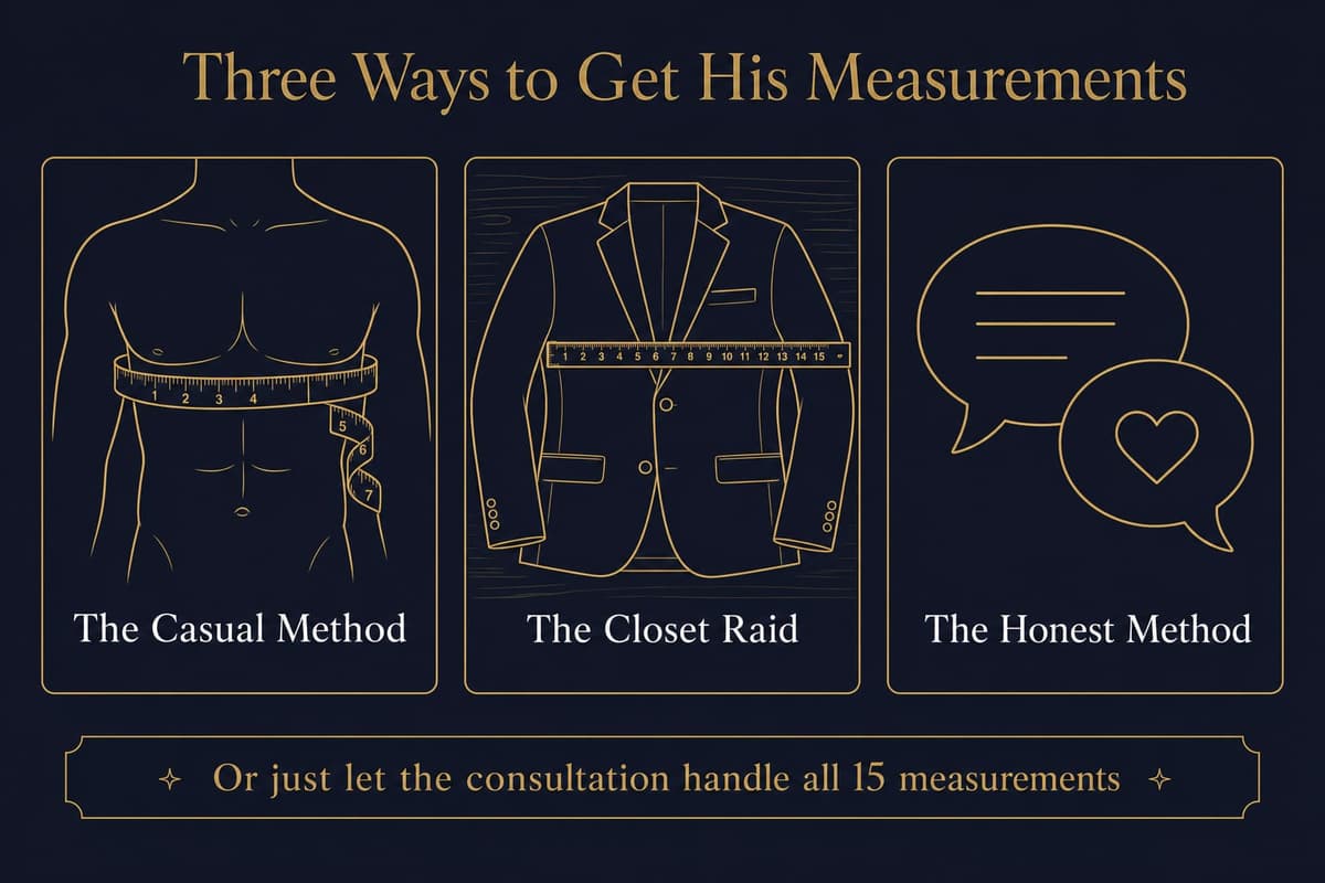 Infographic showing three discreet ways to get a dad's measurements: the casual tape method, measuring a well-fitting garment laid flat, and simply asking him