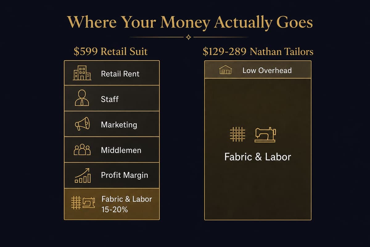 Infographic comparing where money goes in a $599 retail suit versus a Nathan Tailors suit, showing retail overhead versus fabric and labor