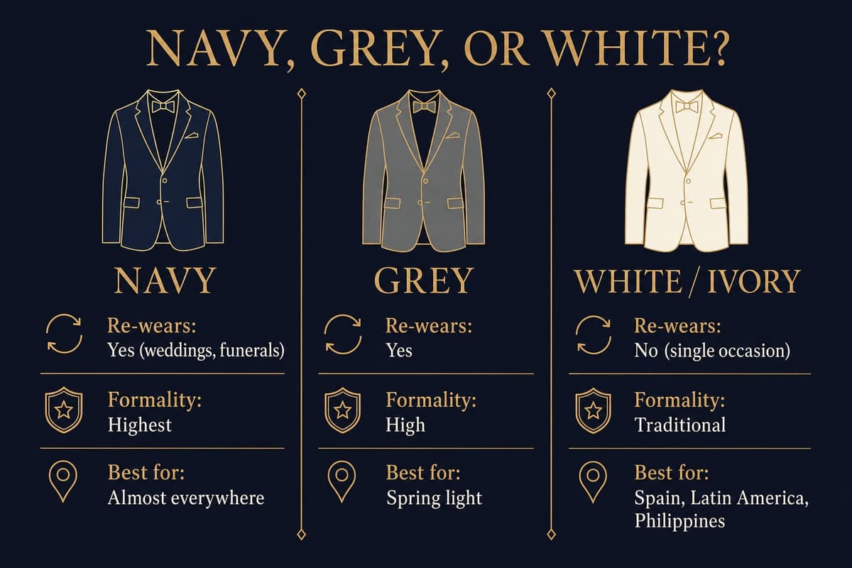 Infographic comparing navy, grey, and white First Communion suits for boys across re-wearability, formality, and regional fit