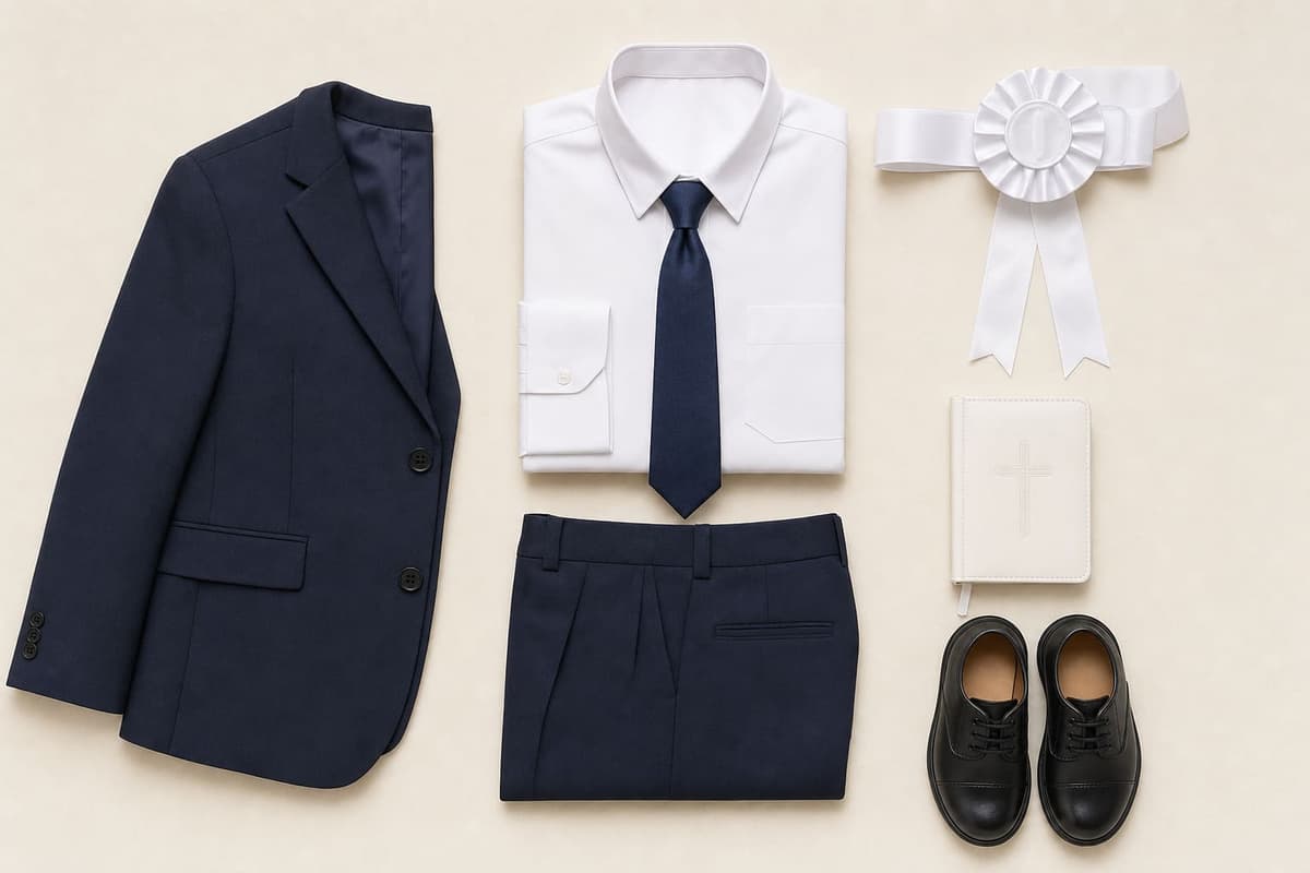 Flat-lay of a complete boy's First Communion outfit -- navy suit, white shirt, tie, pocket square, black shoes, white rosette armband and a prayer book