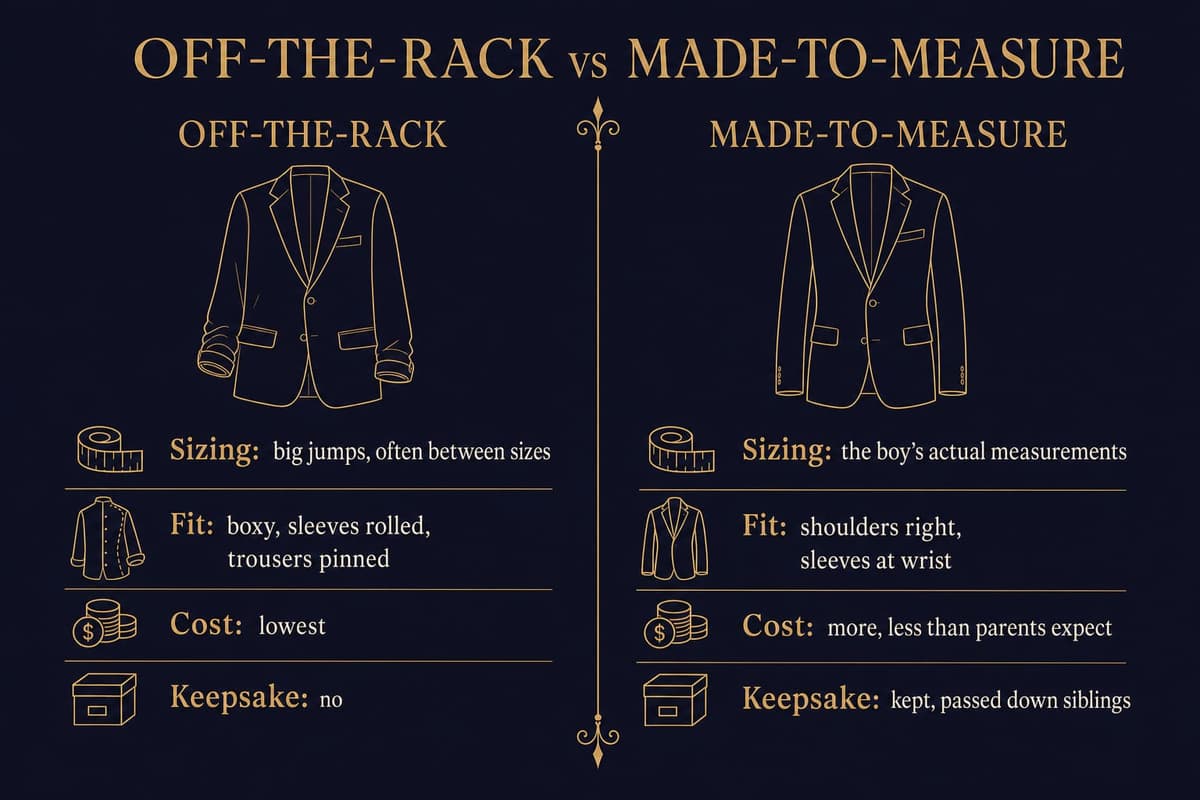Infographic comparing an off-the-rack boys' suit against a made-to-measure suit on fit, sizing, cost, and keepsake value
