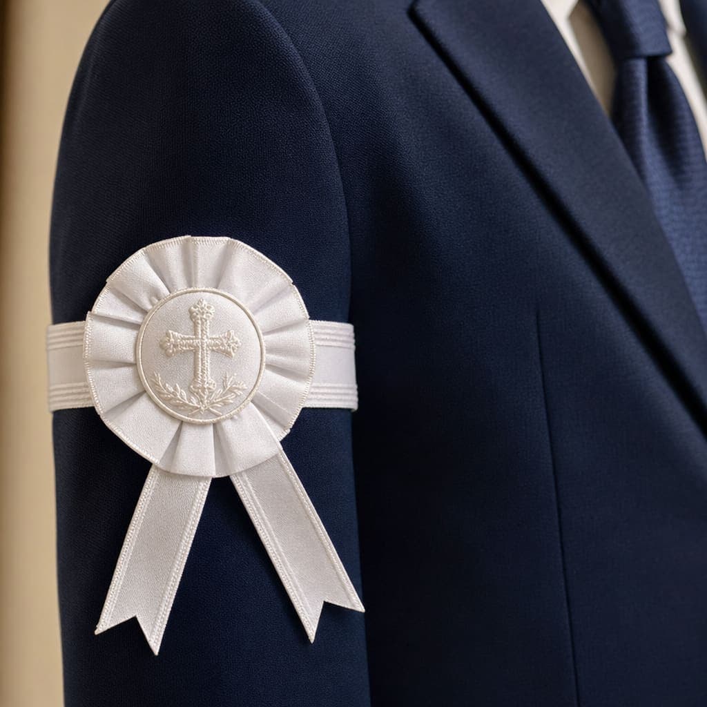 Close-up of a traditional white rosette armband on the left sleeve of a boy's navy First Communion suit