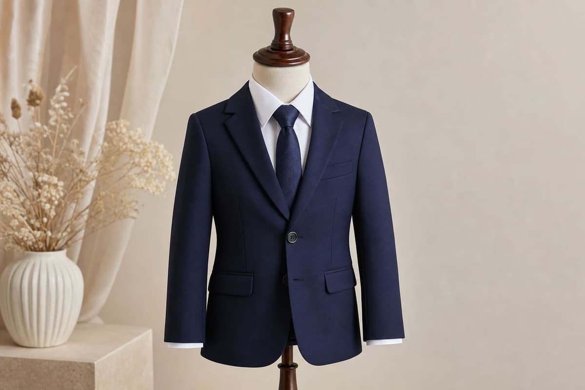 A boy's navy First Communion suit with a white shirt and navy tie displayed on a child-size tailor's form