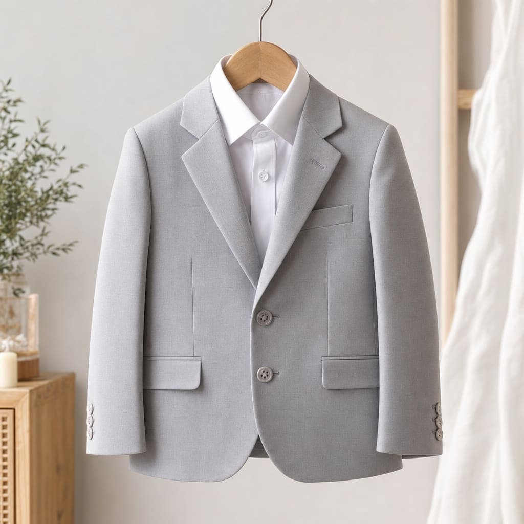 A sharply pressed boy's light grey First Communion suit jacket on a small wooden hanger