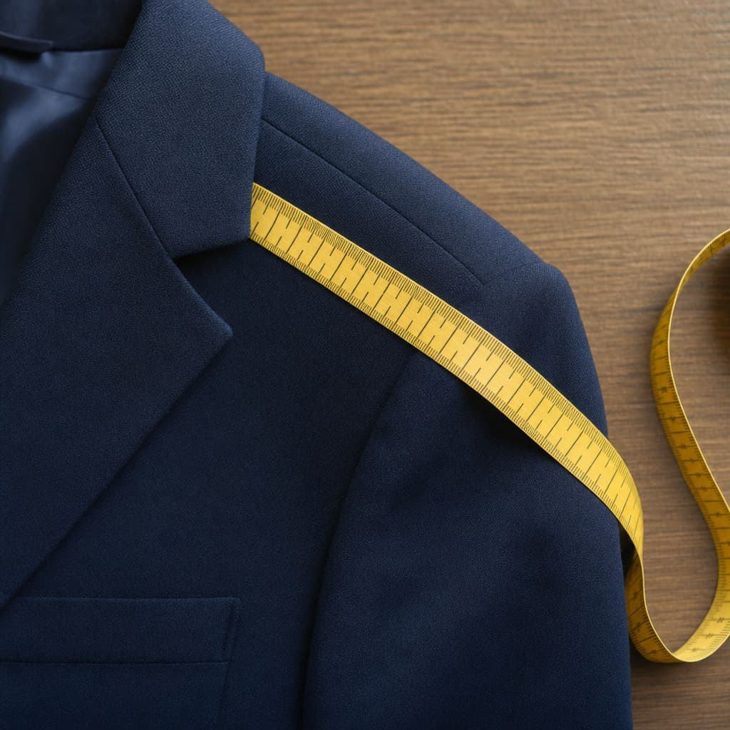 A soft tape measure laid across the shoulder of a small boy's navy suit jacket, illustrating measuring a child for a tailored suit