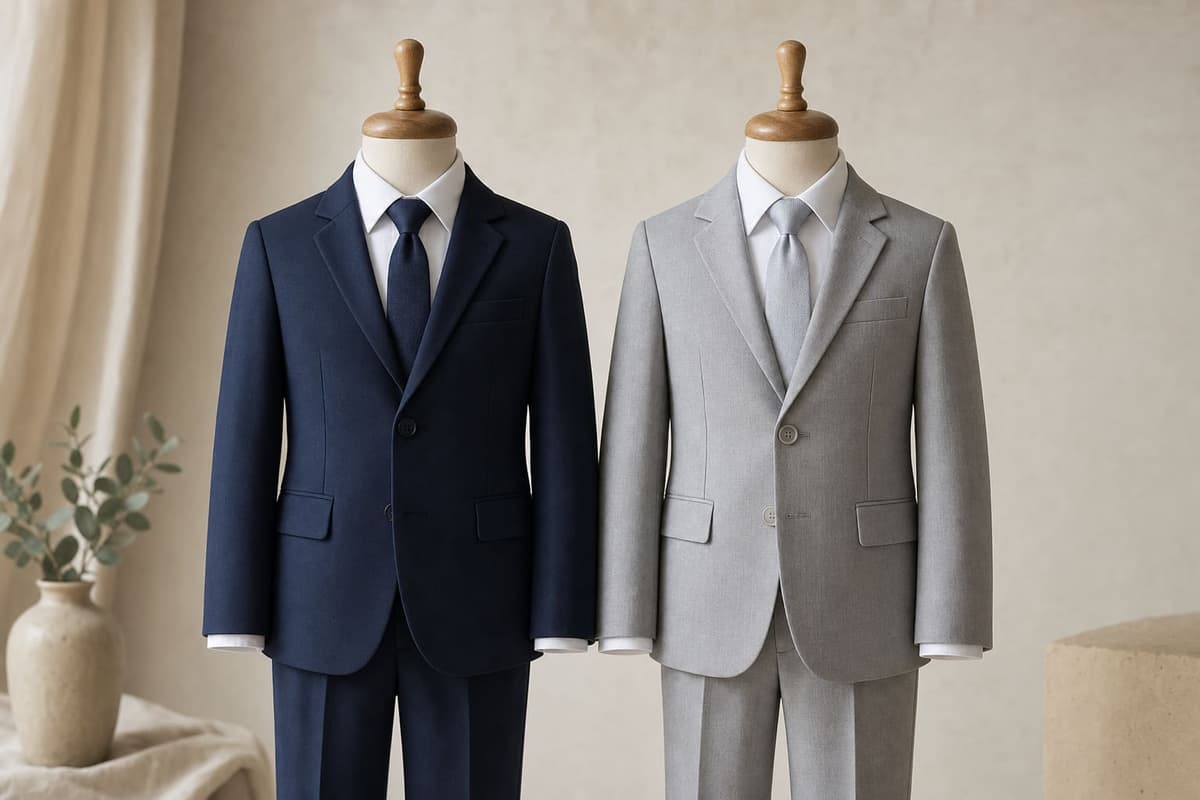 Two boys' First Communion suits side by side, one navy and one light grey, on child-size tailor's forms