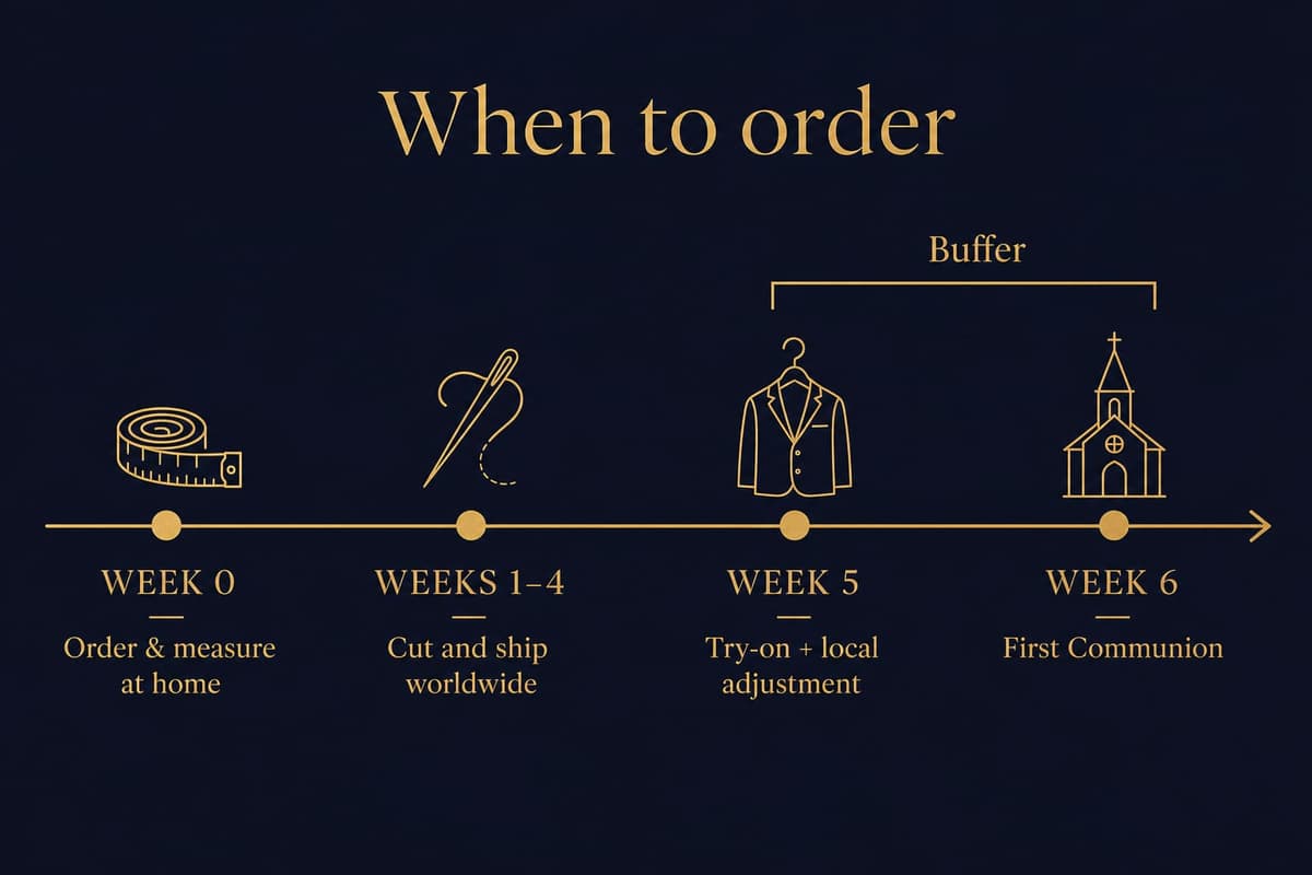 A timeline showing five to six weeks before a First Communion: about three weeks to make and ship plus a buffer for try-on and local adjustment