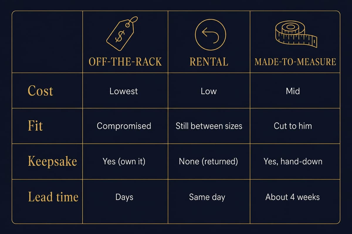 Comparison chart of three ways to buy a boy's First Communion suit: off-the-rack, rental, and made-to-measure, scored on cost, fit, and keepsake value