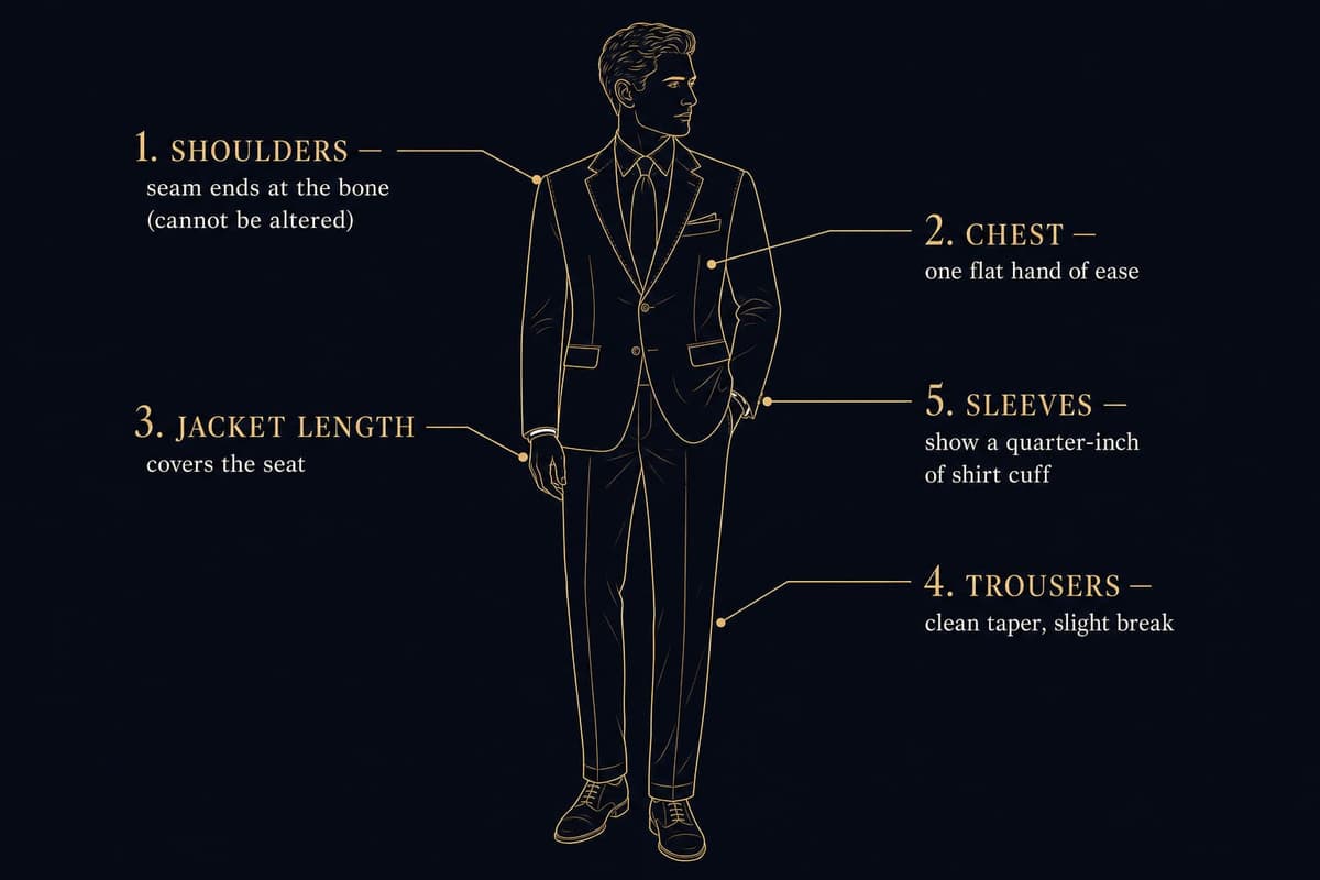 Infographic of a suit jacket and trousers with five labeled fit checkpoints: shoulders, chest, jacket length, trousers, and sleeves