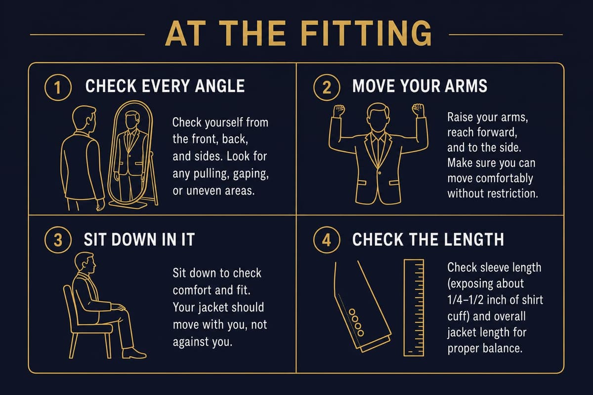 Fitting checklist diagram showing what to test on a custom garment: mirror angles, arm movement, sitting down, and checking length