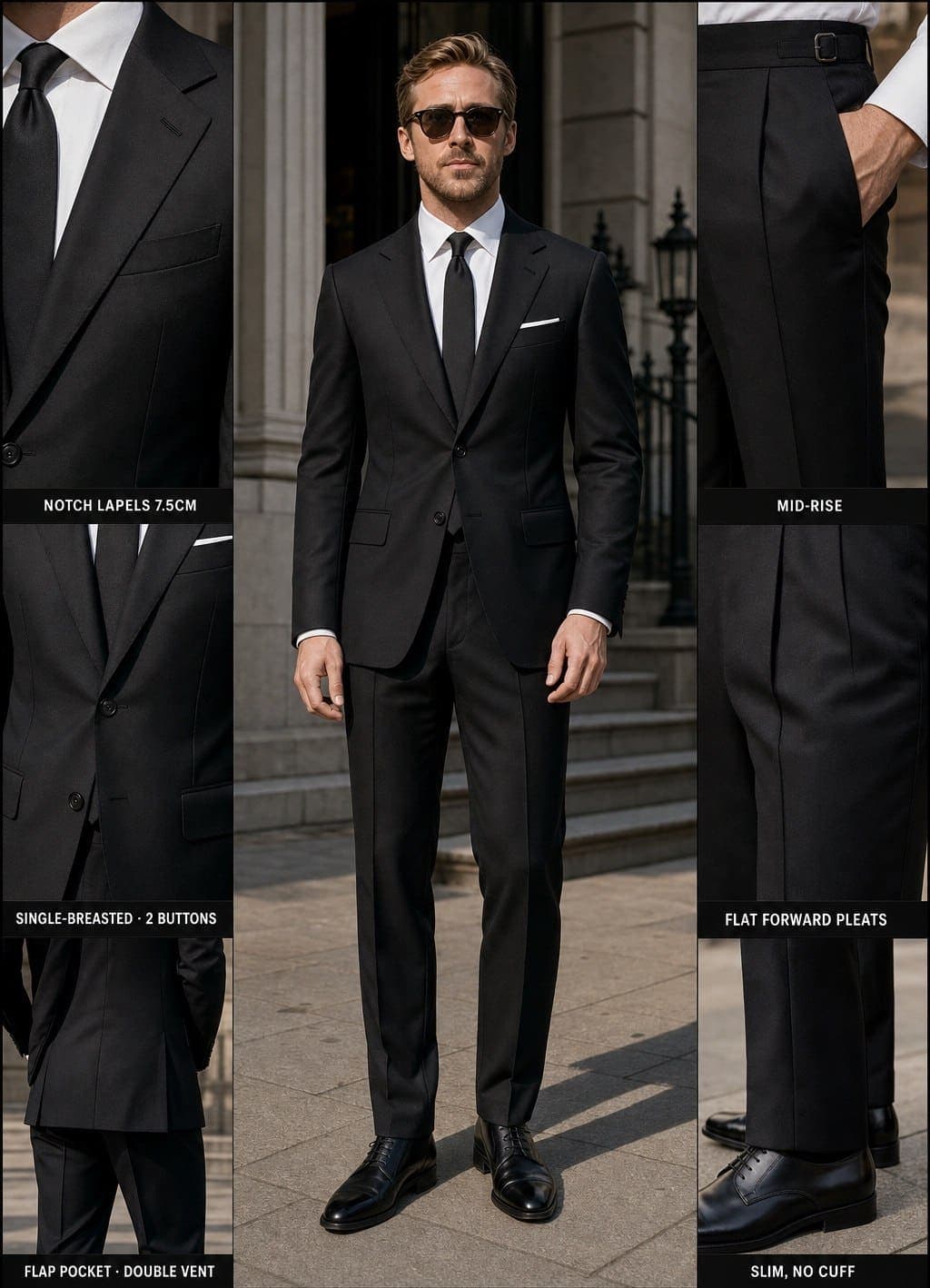 A jet-black single-breasted two-button notch-lapel suit with a white shirt, black tie, and white pocket square -- the black-suit-white-shirt-dark-tie Corleone power look, an Atelier render cut to measure