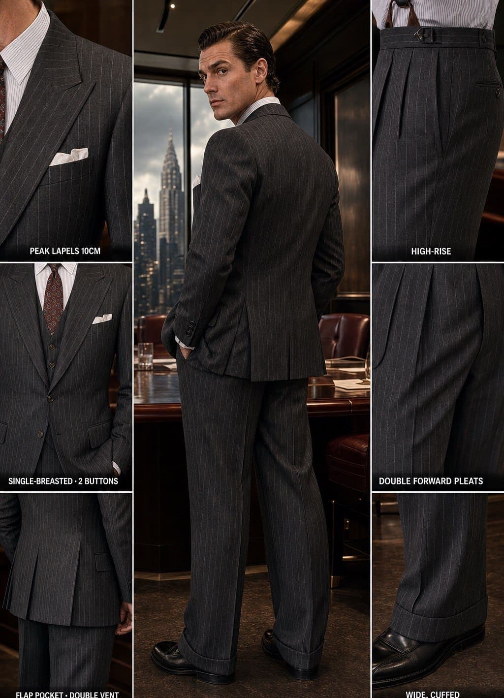 A deep charcoal chalk-stripe single-breasted peak-lapel suit with high-rise pleated trousers in a 1940s New York boardroom -- the Vito Corleone register, an Atelier render cut to measure