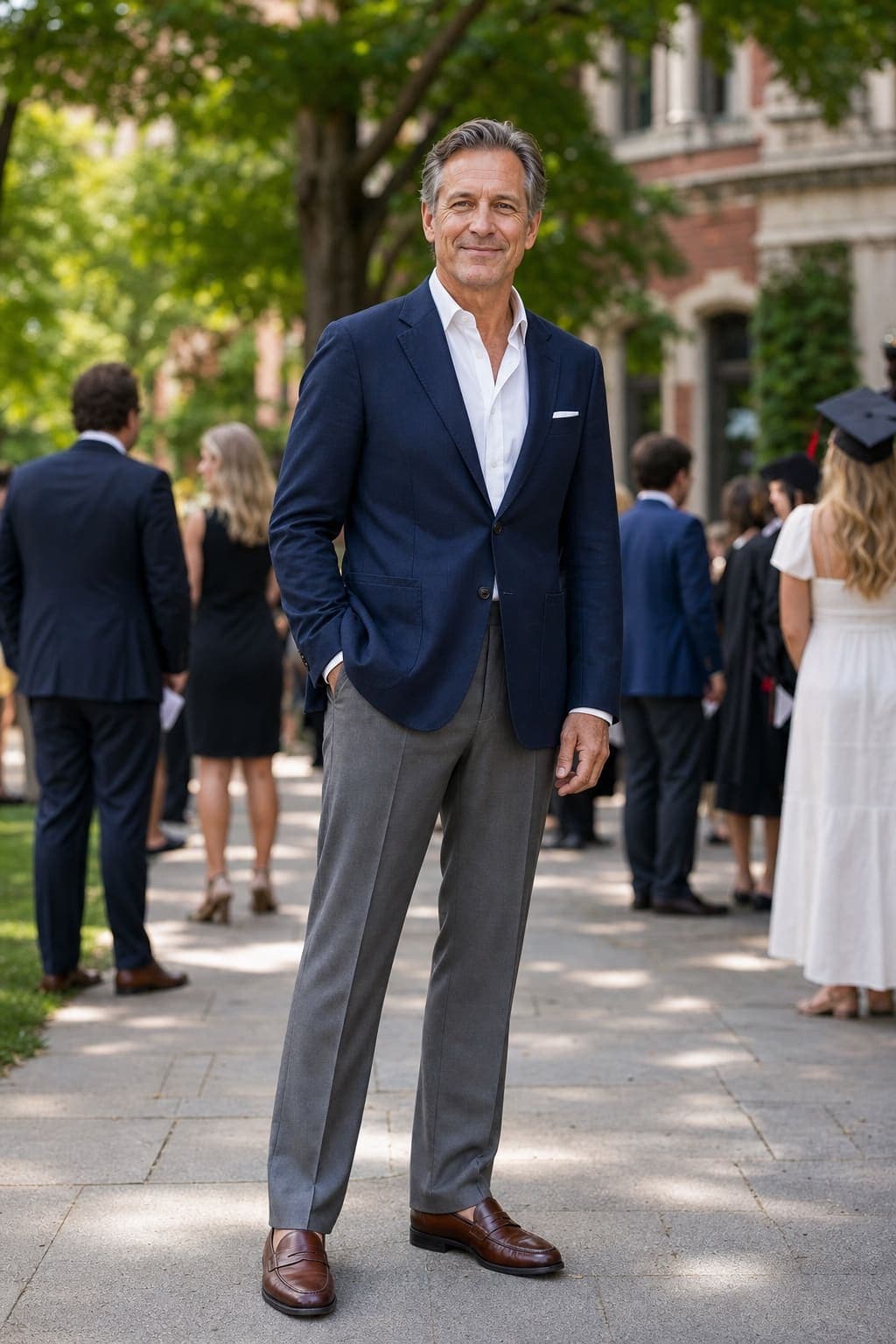 A father at an outdoor graduation in a navy blazer, medium-gray trousers, a white open-collar shirt with no tie, and brown penny loafers