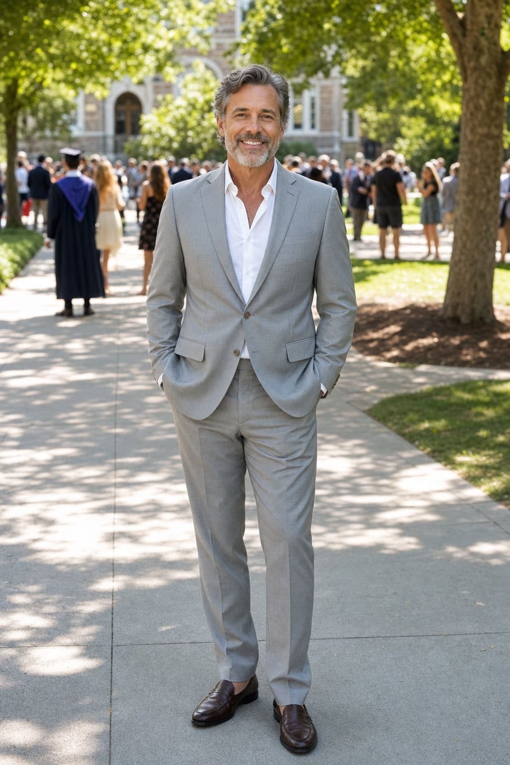 A father in a light gray two-button suit with an open white collar, no tie, and dark brown loafers at a sunny outdoor graduation
