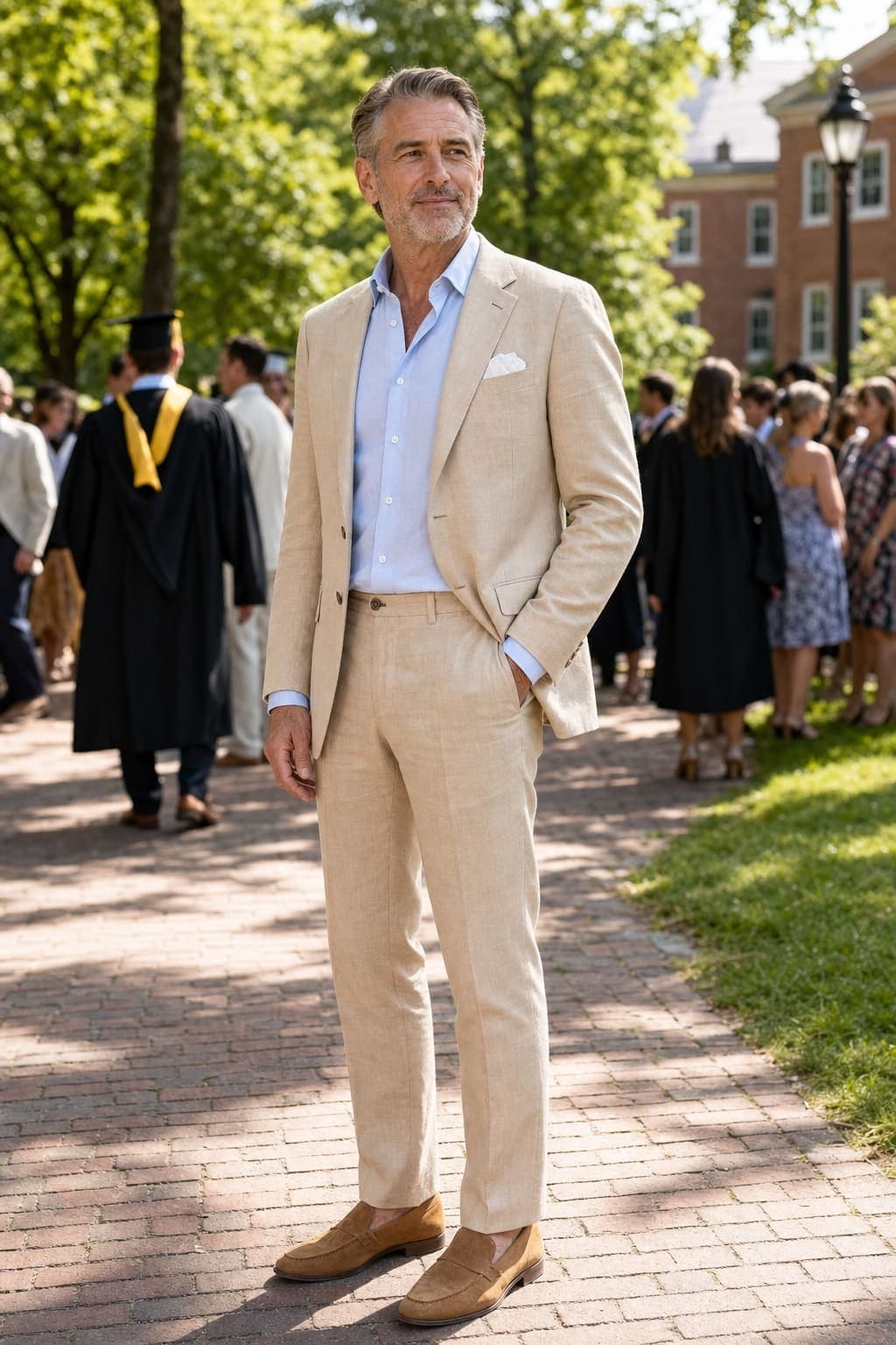 A father in a tan linen-blend suit with a light blue shirt, white pocket square, and tan suede loafers at a bright sunny graduation