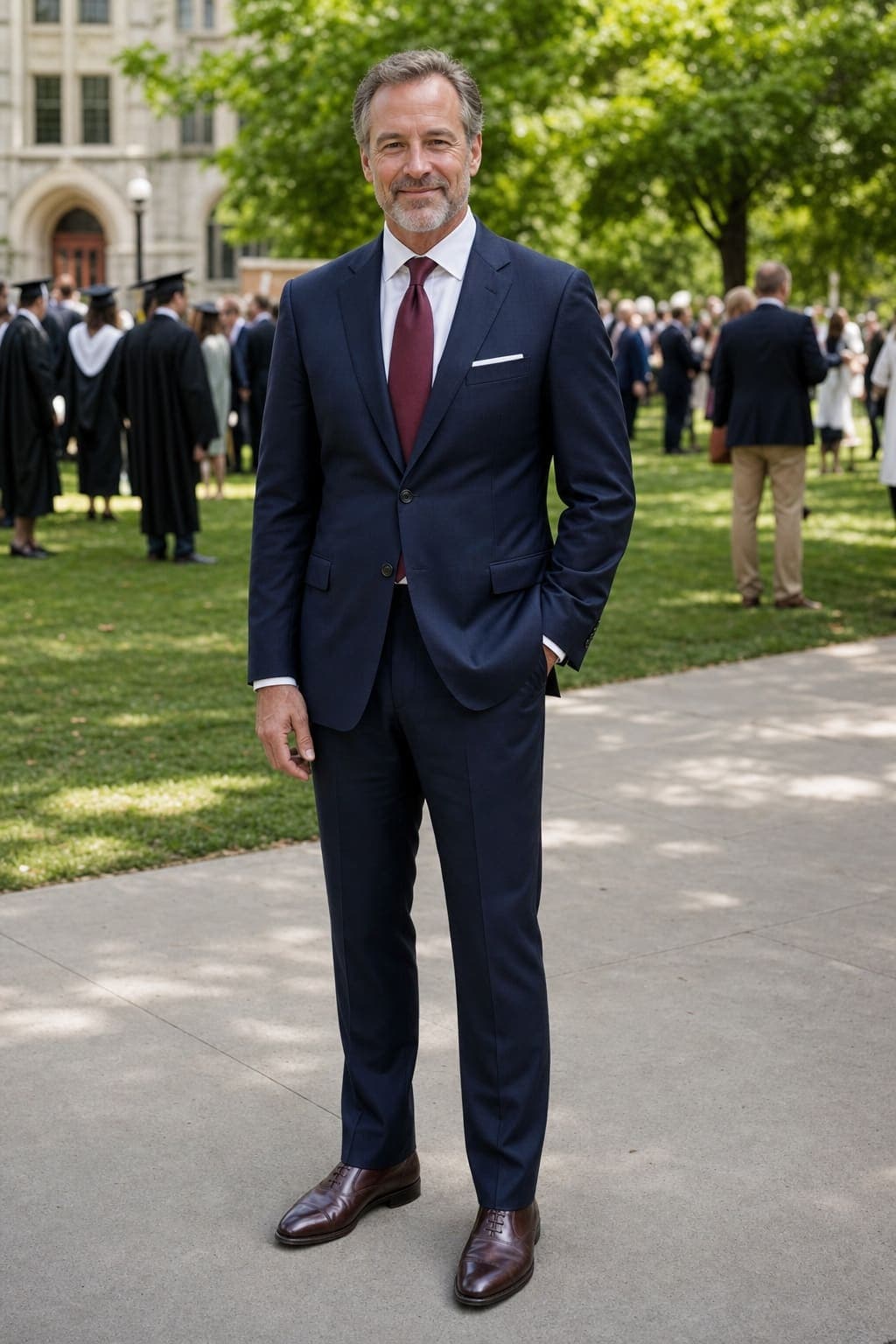 A father in a well-tailored navy suit with a burgundy silk tie, white pocket square, and dark brown cap-toe Oxfords at a formal graduation