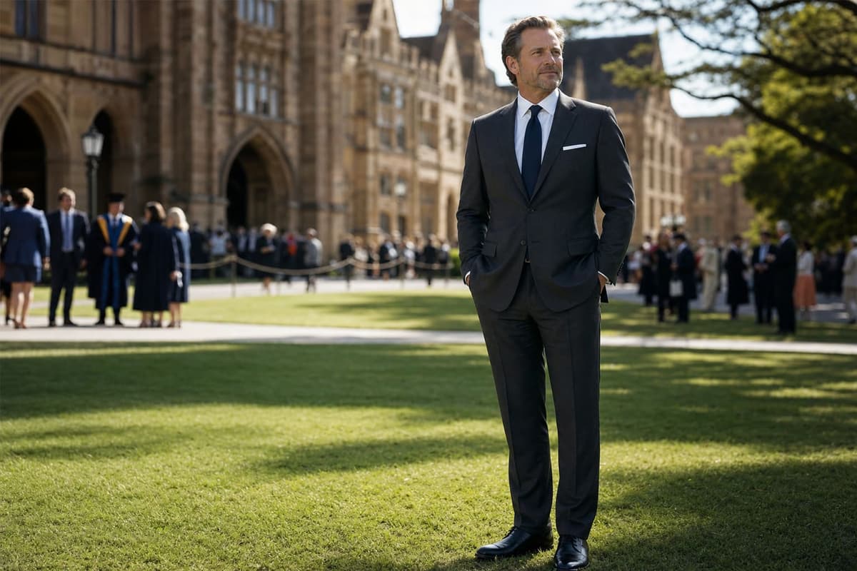 Graduation dad look 2026 — distinguished man in his late forties wearing a charcoal grey single-breasted suit, white shirt, navy tie and polished oxfords on a sunlit university lawn, the dad of the graduate