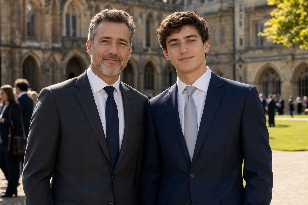 Graduation family photo dad suit 2026 — distinguished father in a charcoal grey suit and navy tie standing beside his young-adult son in a navy graduation suit and silver tie on a sunlit university quadrangle, the father-and-son graduation portrait