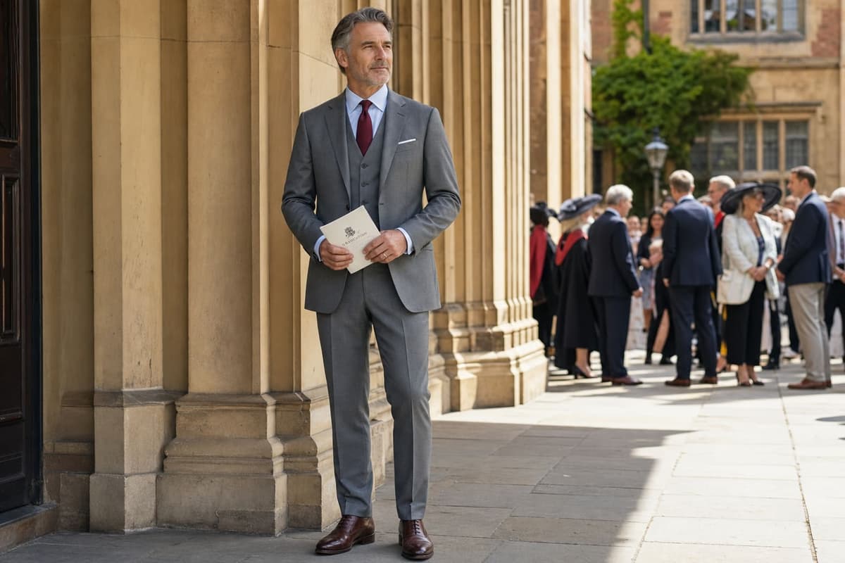 Graduation guest outfit men 2026 — polished gentleman in his fifties in a mid-grey three-piece suit with pale blue shirt, red tie and dark brown oxfords, holding a graduation program in the shade of a sunlit university building, the formal guest attire option
