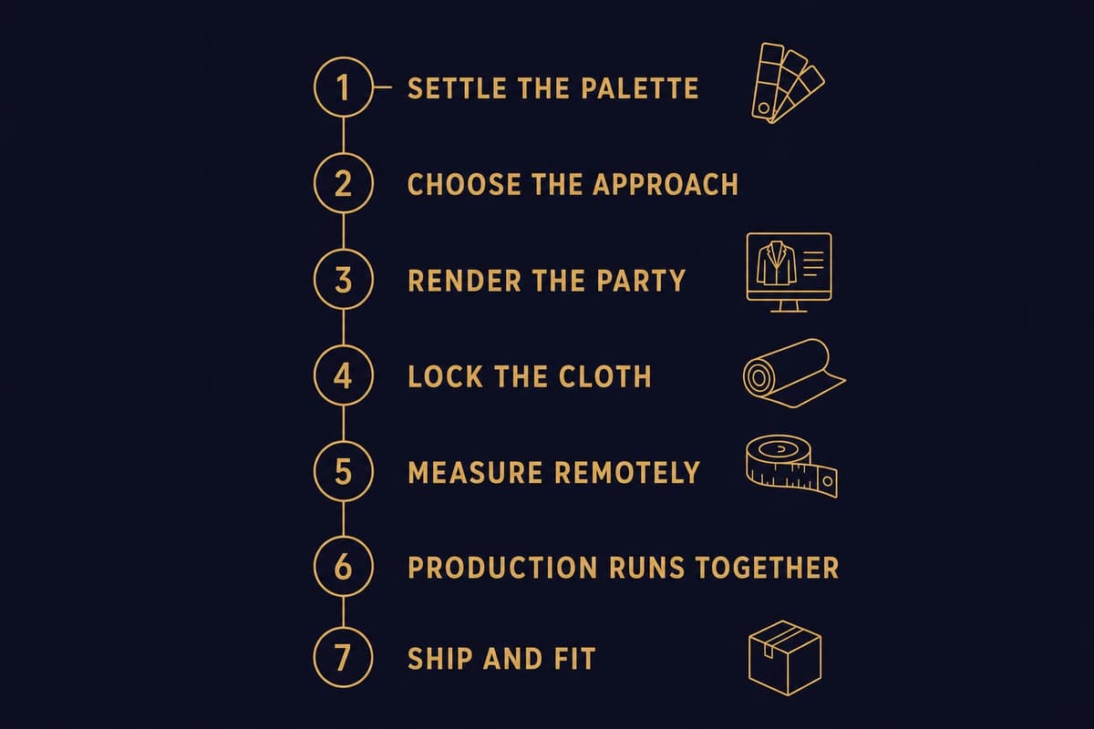 Numbered flow infographic of the seven-step remote groomsmen coordination workflow from settling the palette to ship and fit.