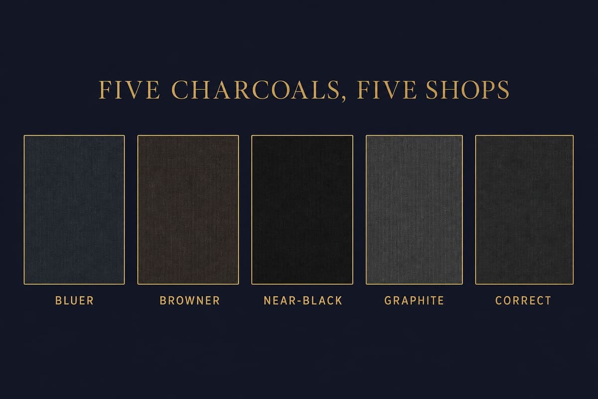 Infographic showing five charcoal suit swatches drifting to different undertones — bluer, browner, near-black, graphite, and correct — illustrating why separate purchases never match.