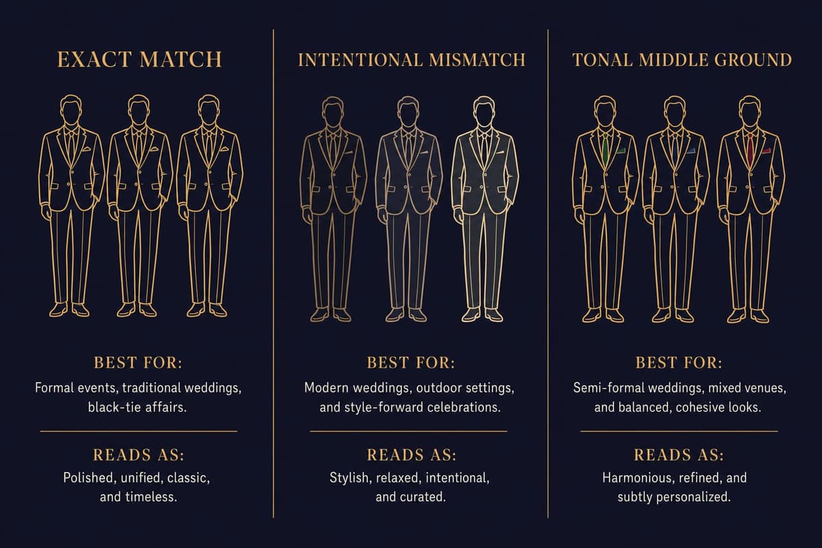 Side-by-side infographic comparing exact match, intentional mismatch, and tonal middle ground groomsmen approaches with their best-fit weddings and how each photographs.