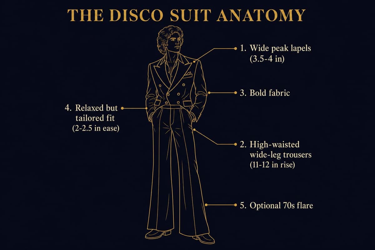 Annotated diagram of a disco suit silhouette labeling wide peak lapels, high-waisted wide-leg trousers, bold fabric, relaxed tailored fit, and optional flare