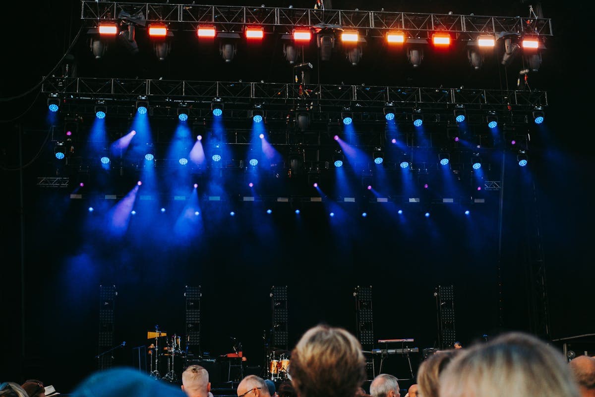 Concert crowd silhouetted against bright stage lights, the kind of arena setting where a bold custom suit catches the light