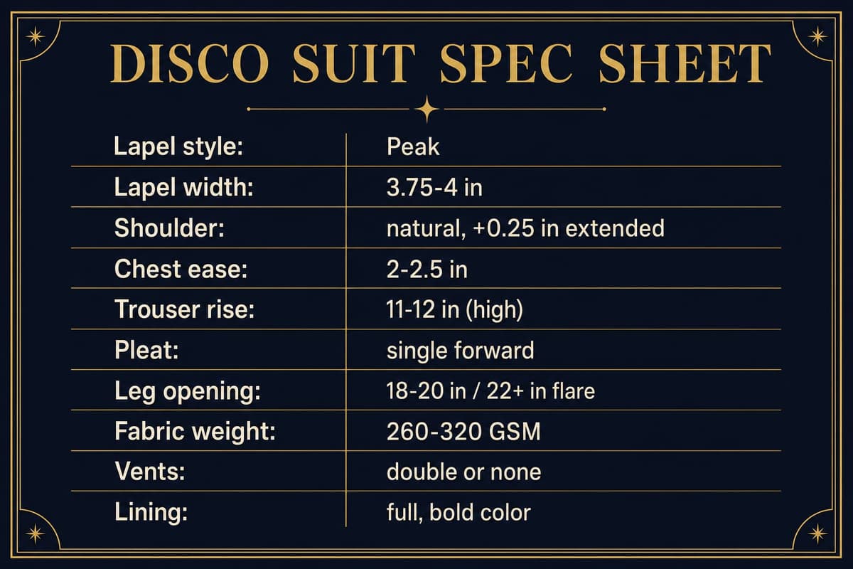 Infographic spec card listing disco suit specifications: peak lapel 3.75-4 inches, 11-12 inch rise, 18-20 inch leg opening, 2-2.5 inch chest ease, fabric weight
