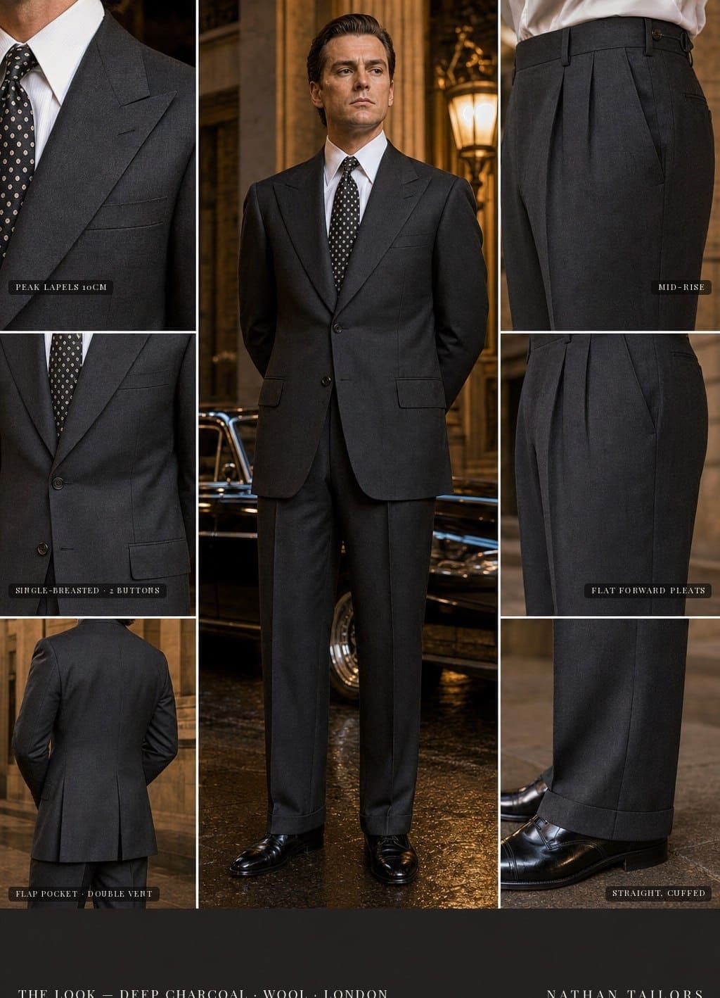 A deep charcoal single-breasted peak-lapel suit with a white shirt and silk tie -- the Harvey Specter power look, rendered in the Nathan Tailors Atelier and cut to your measurements