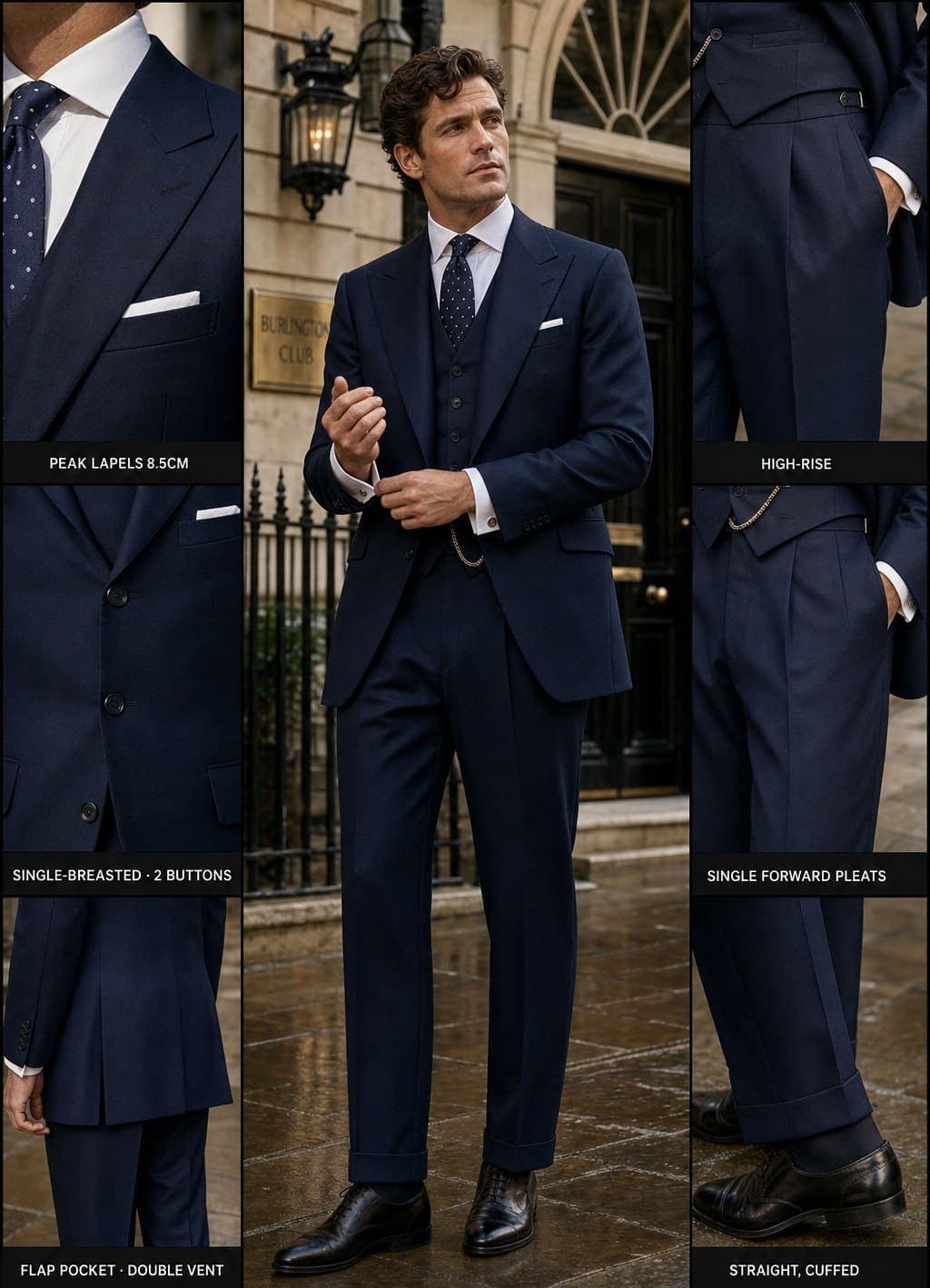 A deep navy single-breasted peak-lapel three-piece suit with a waistcoat, white shirt, and navy tie outside a London club -- the senior-partner Harvey Specter register, an Atelier render cut to measure