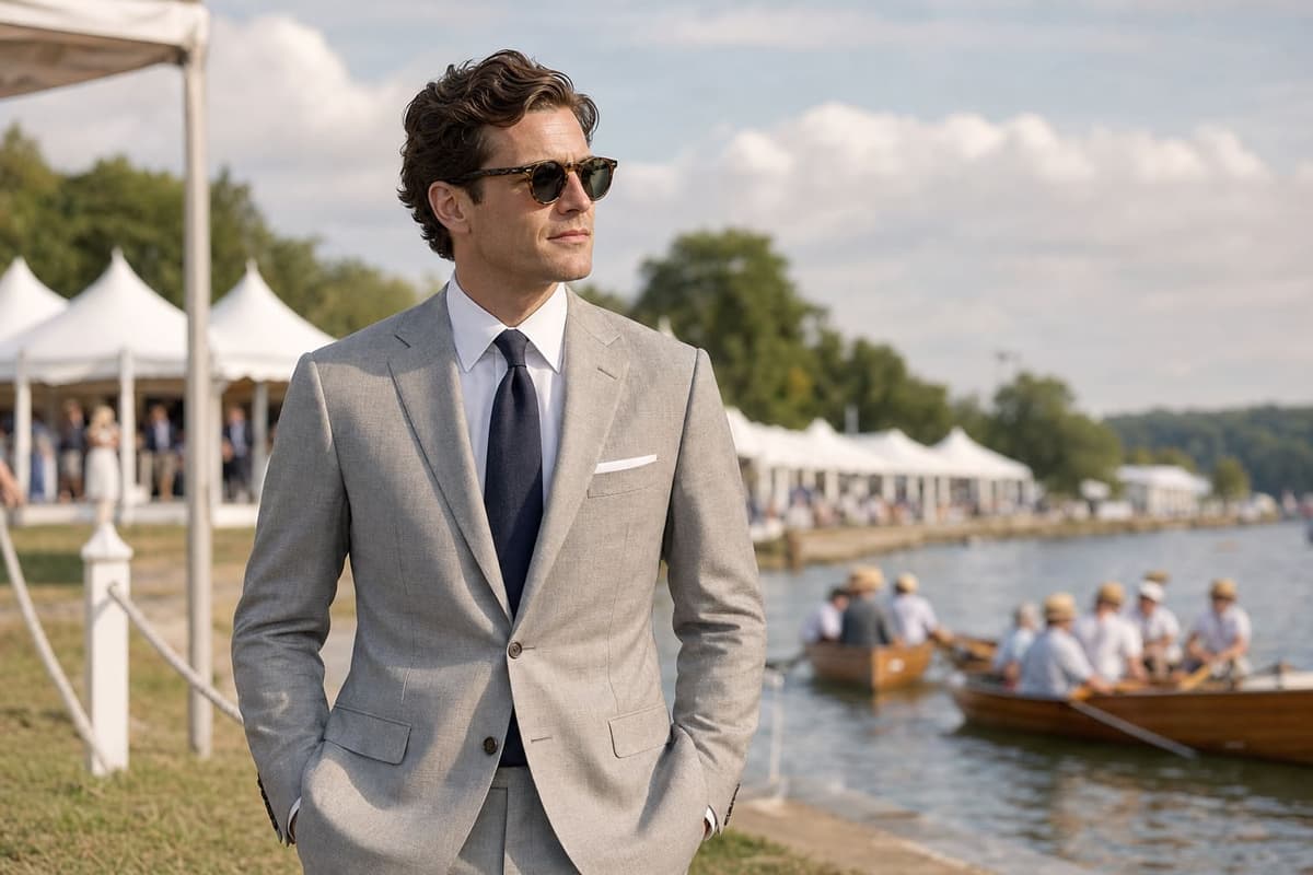 A man in a light grey summer lounge suit with a tie at a riverside regatta with marquees behind -- correct Stewards' Enclosure dress