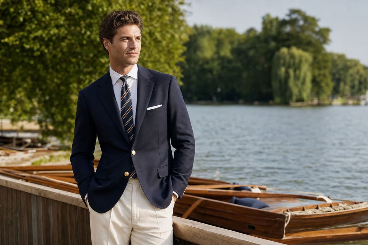 A man in a navy blazer with brass buttons, cream flannel trousers and a striped tie beside a river -- the classic Henley Royal Regatta look