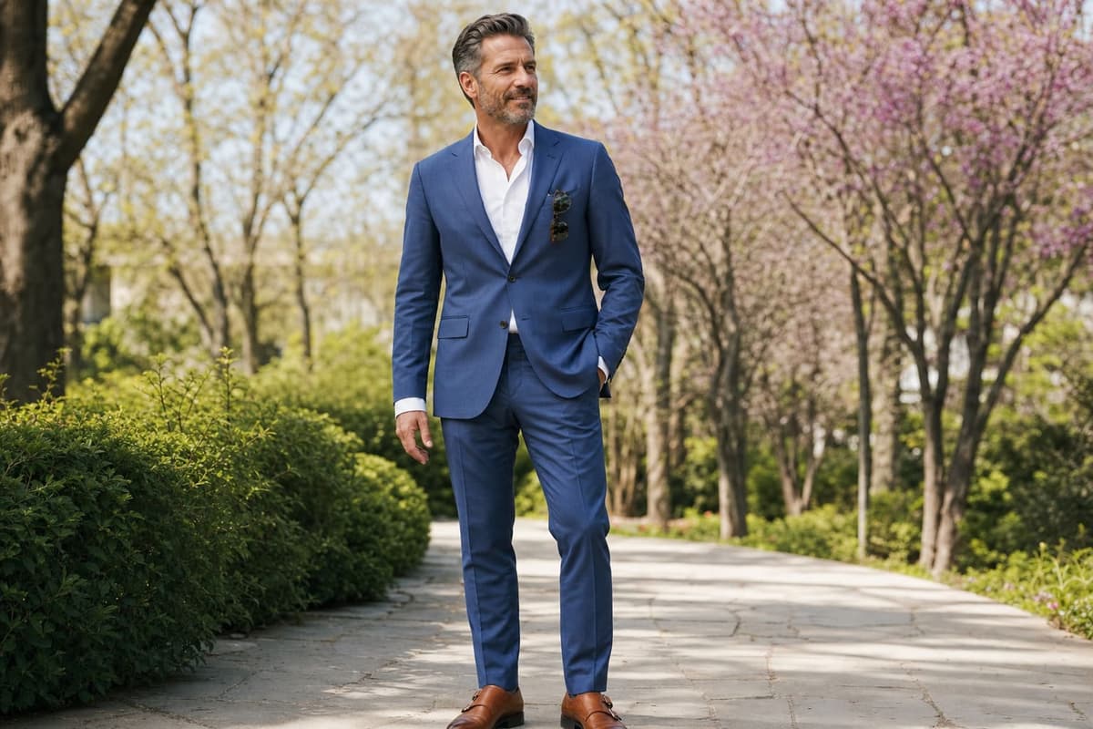 High school graduation dad attire 2026 — confident dad in a mid-blue summer-wool single-breasted suit, white shirt open at the collar, tan monk-strap shoes, photographed on a spring garden walkway, the trending graduation dad look for 2026