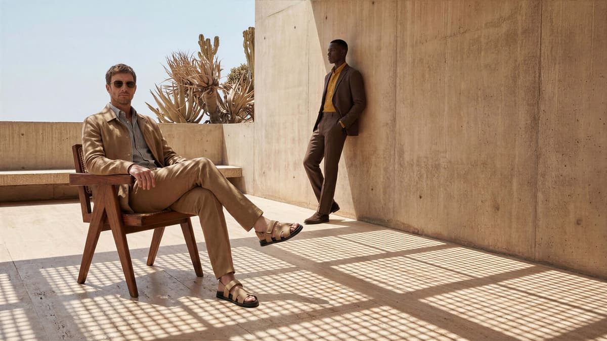 Two men in tailored linen suits photographed against a sunlit concrete wall