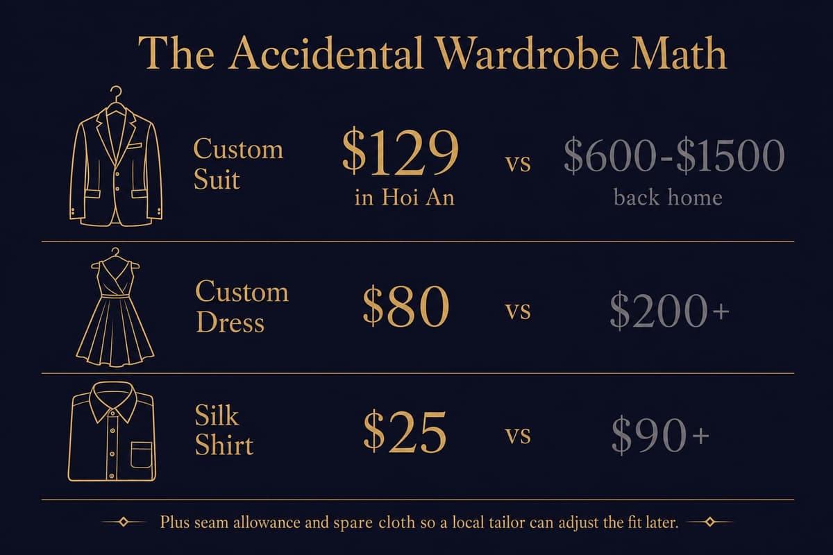 Infographic comparing Hoi An custom tailor prices to typical Western retail prices for a suit, dress and silk shirt