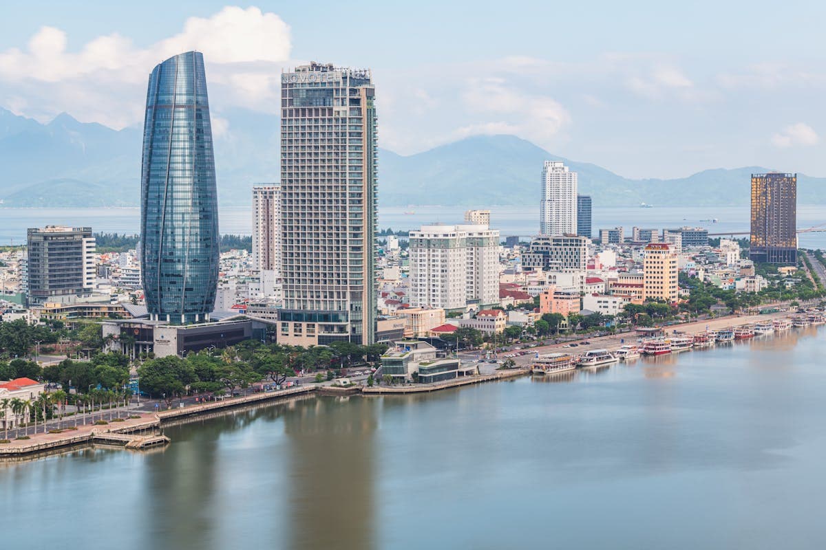 Aerial view of the Da Nang coastline and beaches near where flights from Australia land before the drive south to Hoi An