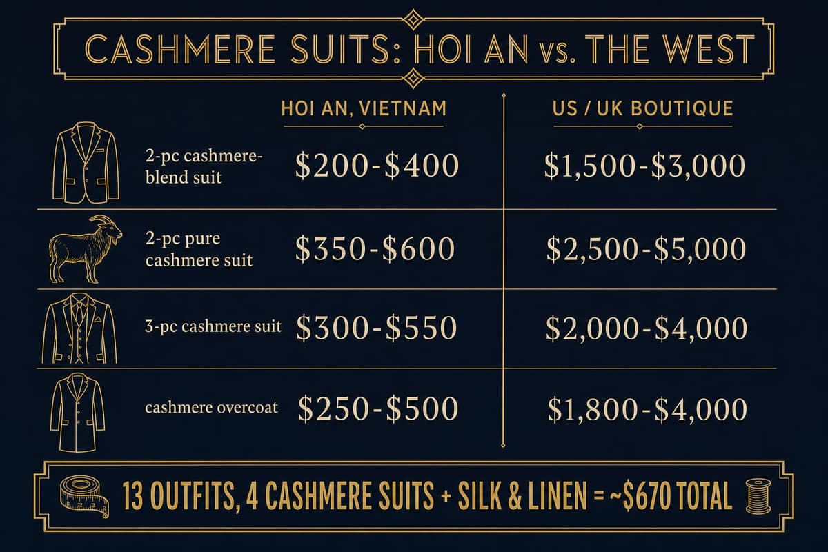 Infographic comparing the cost of custom cashmere garments in Hoi An Vietnam versus the US and UK, showing a two-piece cashmere suit at 350 to 600 dollars in Hoi An against 2500 to 5000 dollars elsewhere, and Ian's 13-outfit order at roughly 670 dollars total