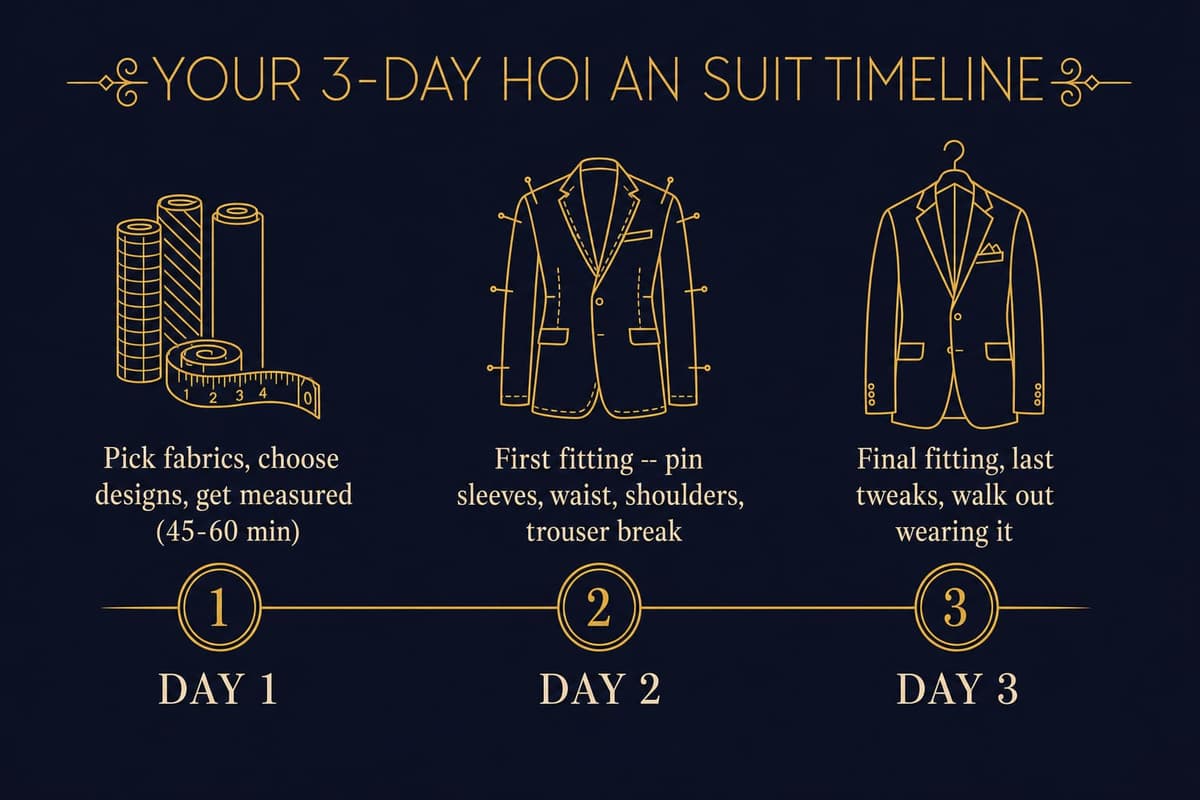 Three-day timeline infographic for getting four custom suits made in Hoi An, showing Day 1 fabric selection and measuring, Day 2 first fitting with pinned adjustments, and Day 3 final fitting and pickup