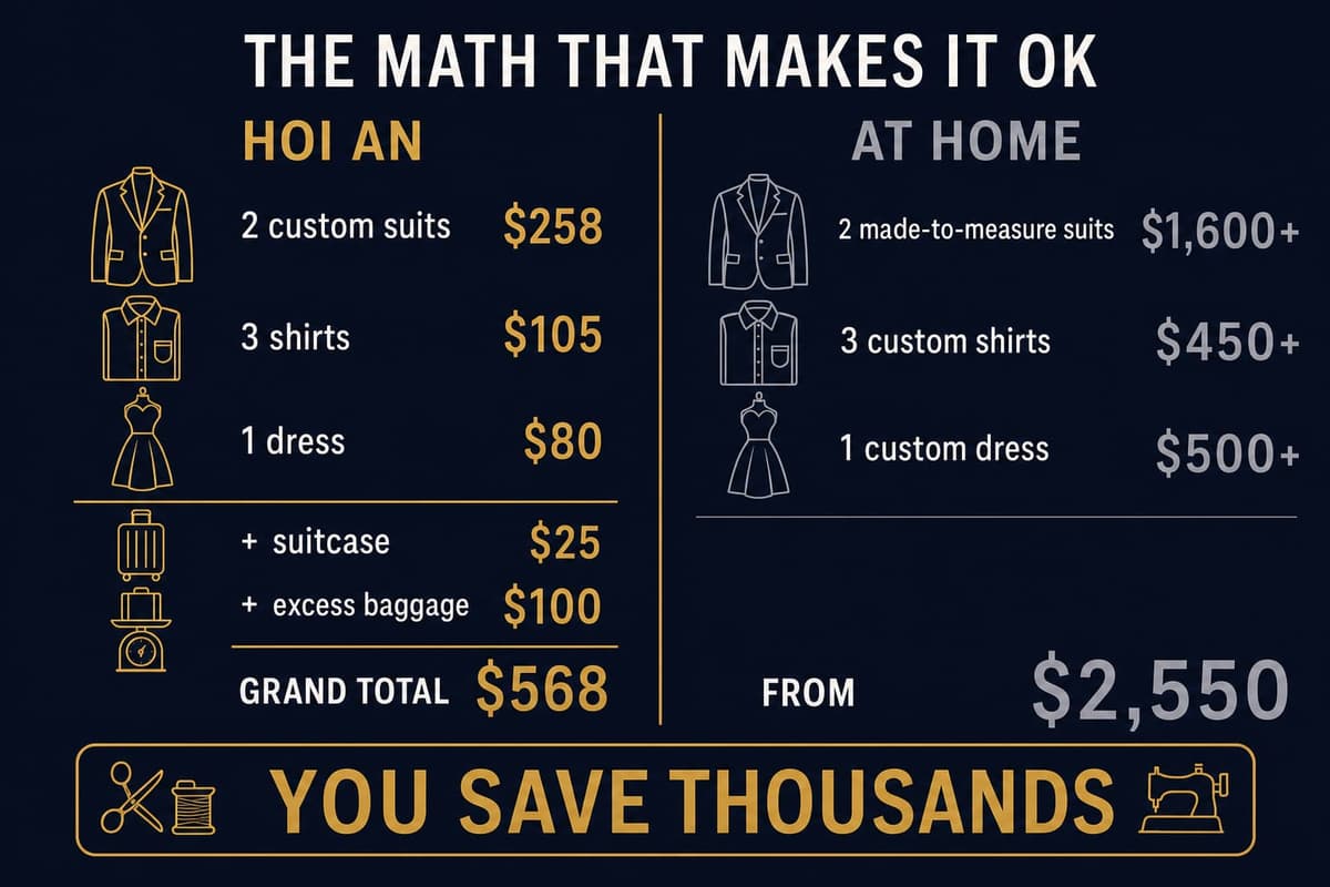Comparison infographic showing the cost of two suits, three shirts and a dress made in Hoi An versus the same wardrobe at home