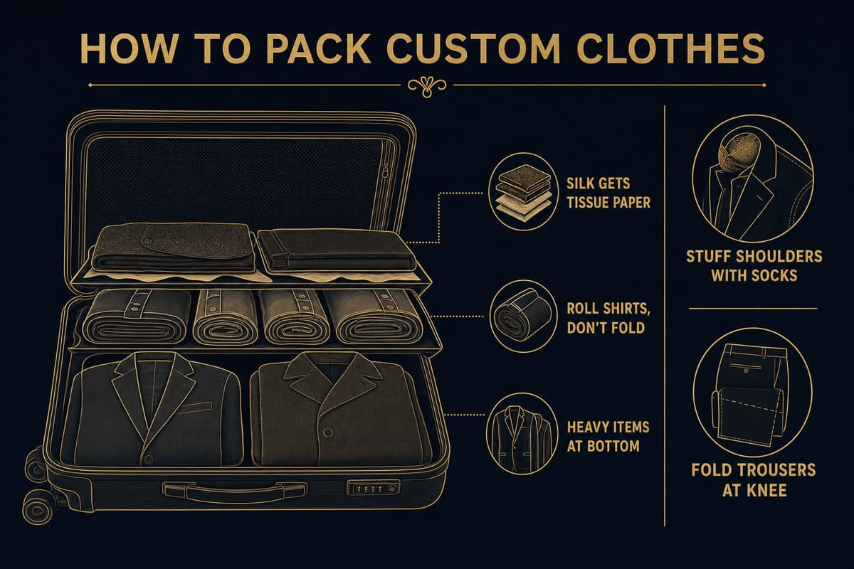 Infographic showing how to pack a suitcase with custom tailored clothes: rolled shirts, jacket shoulders stuffed with socks, heavy coats at the bottom, silk layered in tissue paper