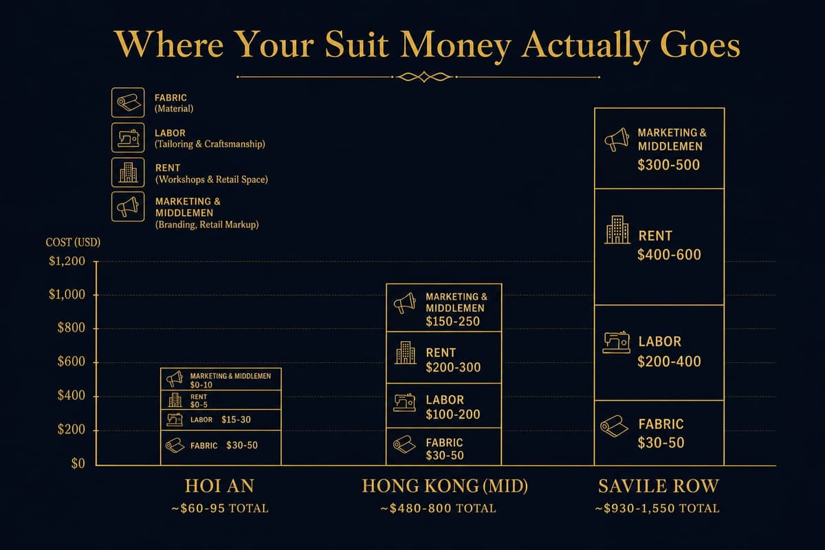 Infographic breaking down where the cost of a custom suit goes across Hoi An, Hong Kong, and Savile Row